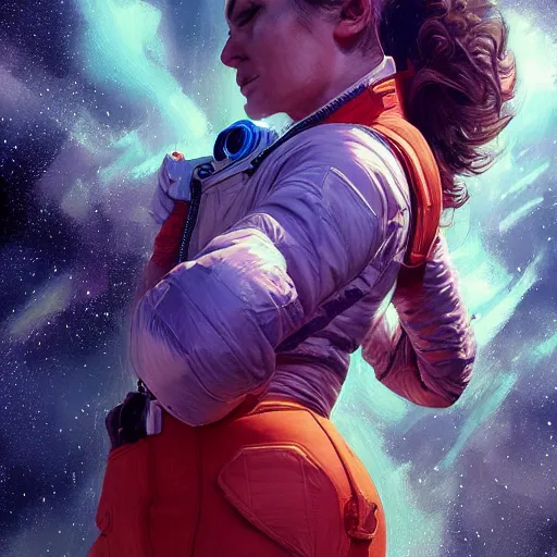Image similar to photo of a woman alone in space in the style of stefan kostic, realistic, body shot, sharp focus, 8 k high definition, insanely detailed, intricate, elegant, art by stanley lau and artgerm, floating embers