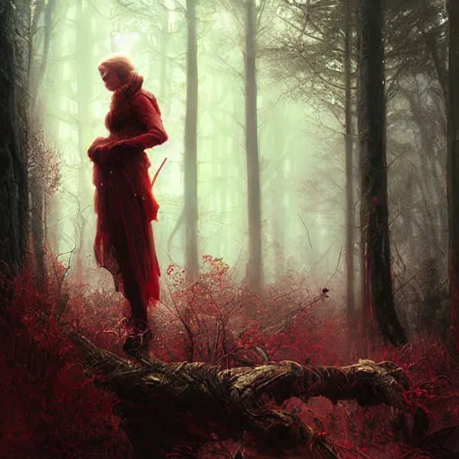 Prompt: man trapped in woods, desperate, dark red regal clothing, sharp focus, intricate, cinematic lighting, smooth, ultra realistic digital art, high fantasy, elegant, by artgerm, greg rutkowski, alphonse mucha