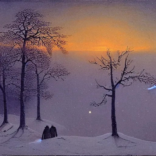 Prompt: if on a winters night a traveler, a beautiful painting by caspar david friedrich
