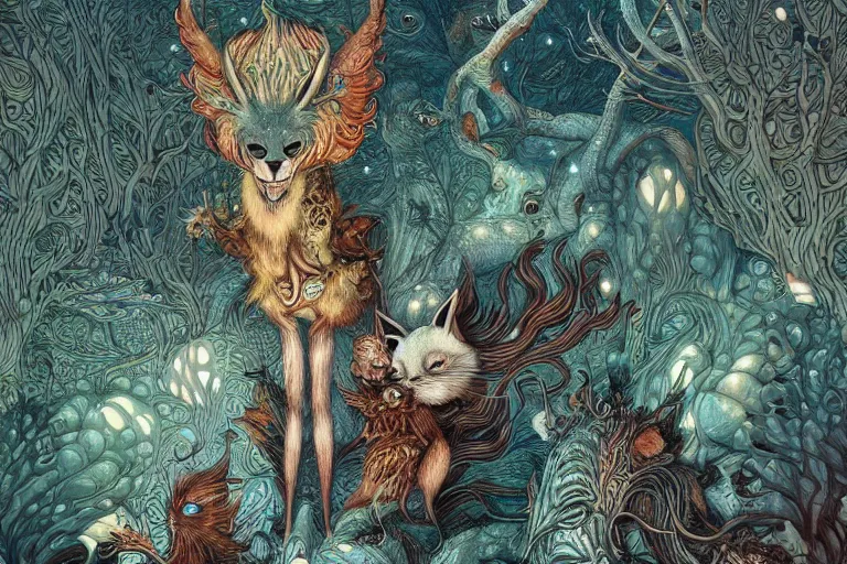 Prompt: animal forest spirits, greg simkins, android jones, victo ngai