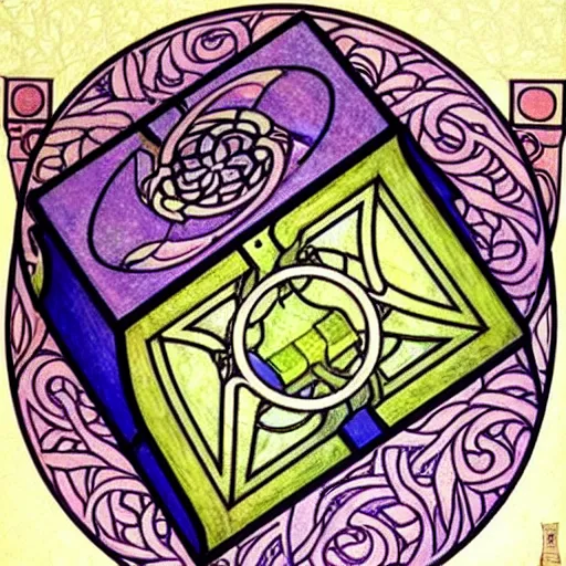 Image similar to beautiful art nouveau painting of companion - cube!!!!!!!!!!!!!!!!! companion - cube!!!!!!!!!!!!!!!!!, by william morris, mucha, gaudy colors. intricate linework. sharp edges.