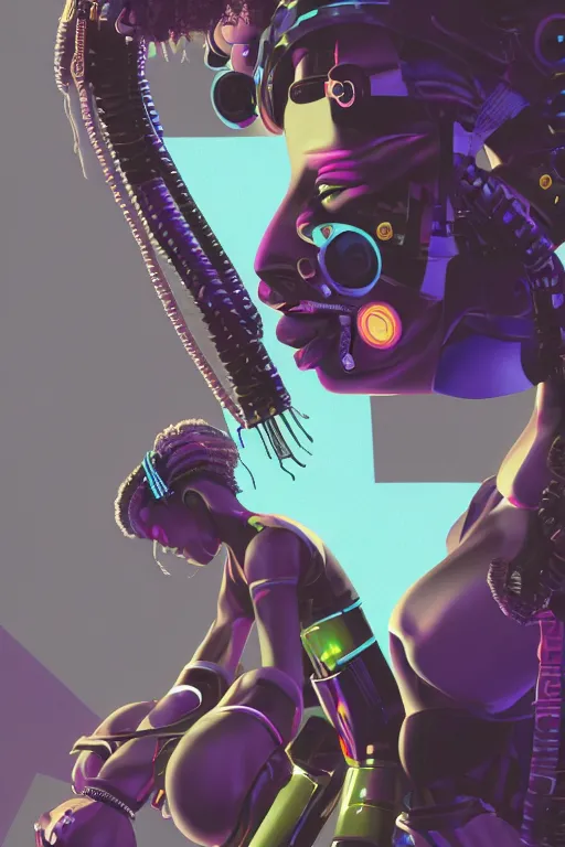 Image similar to a black girl fixing a robot, in the nature, mixing solarpunk, afropunk and cyberpunk technology and aesthetic ( ( ( ( volumetric light ) ) ) ), high angle, part by pearl fryar, part by prince damah, sunny day, trending on artstation, high detailed, cinematic view, illustration, painting.