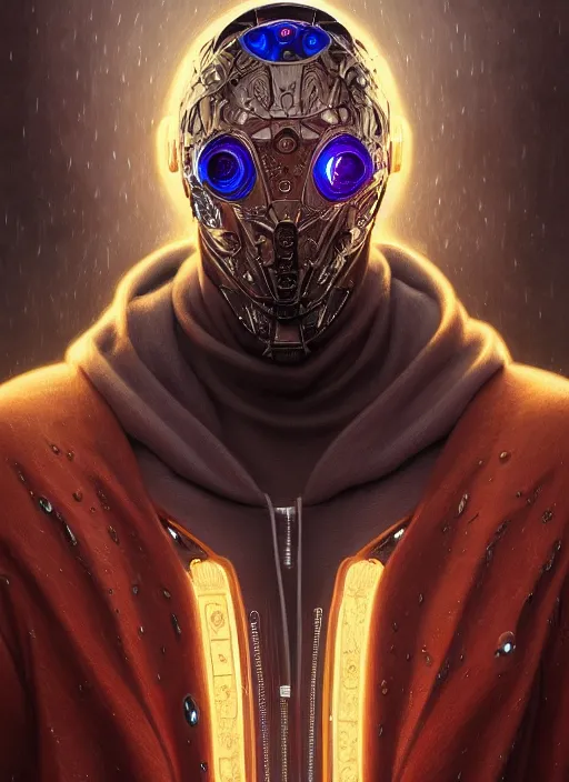 Image similar to robotic guy with hoodie, d & d, wet, shiny, fantasy, intricate, elegant, extremely higly detailed, ultra definition, digital painting, artstation, anatomical perfection, baroque, portrait, unreal engine 5, concept art, smooth, sharp focus, illustration, art by artgerm and greg rutkowski and alphonse mucha