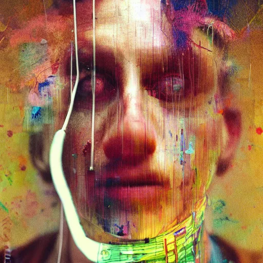 Prompt: portrait of a man of wires and bandages, glitched, photography, marta syrko, julia margaret cameron, painterly, dripping and splashing coloured paint. scumbling, de kooning, craig mullins