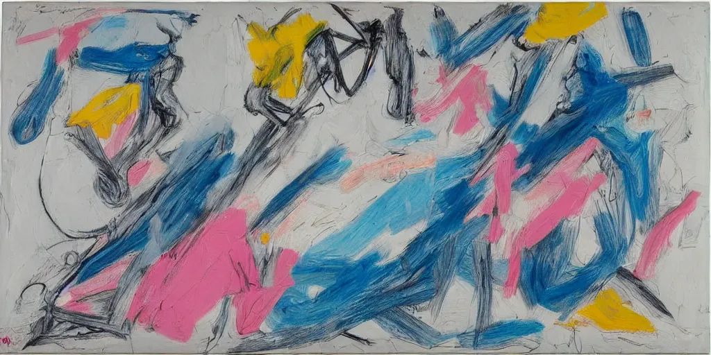 Prompt: de kooning thin scribble on white canvas, blue and pink shift, ( ( sketch ) ), drawn by yves tanguy, oil on canvas, thick impasto