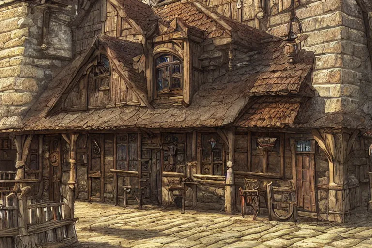 Image similar to A medieval tavern viewed from the outside, texture, intricate, details, highly detailed, masterpiece, architecture, building, trending on artstation, focus, sharp focus, concept art, digital painting, fantasy, sunny, day, midday