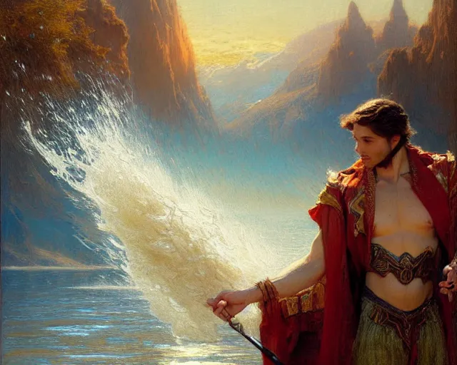 Image similar to attractive male wizard casting powerful wave water spell in a beautiful lake. highly detailed painting by gaston bussiere, craig mullins, j. c. leyendecker 8 k