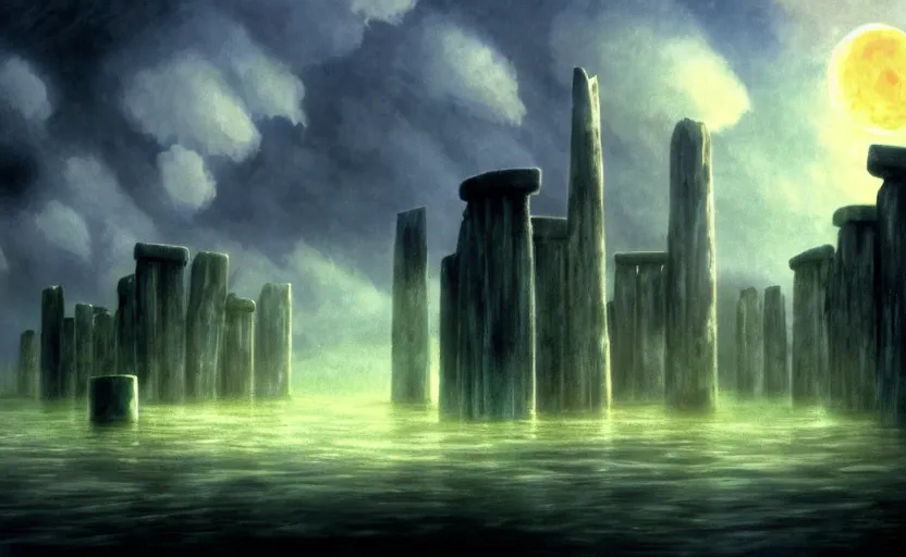 Image similar to a realistic and atmospheric cell - shaded concept art from howl's moving castle ( 2 0 0 4 ) of a futurist sci - fi city that looks like stonehenge in a flooded rainforest. it is a misty starry night. very dull muted colors, hd, 4 k, hq