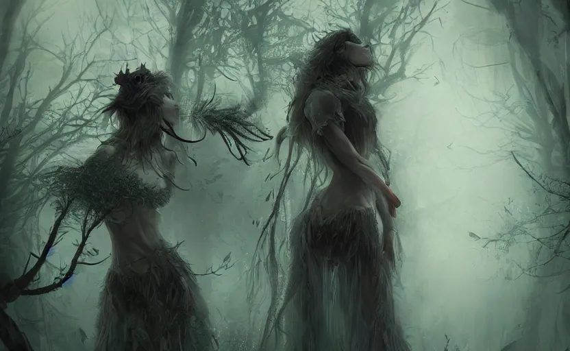 Image similar to a female spectral figure with leaves and feathers twisted in their hair is coming out of the fog with their pack of wolves and magic moss is growing on her clothes, a spectacular intricate moody concept art painting, cgsociety, vray