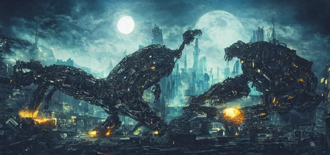 Image similar to a mecanic monster destroy a futurist city in the night, landscape, night, fire, dark fantasy, kaiju, apocalypse