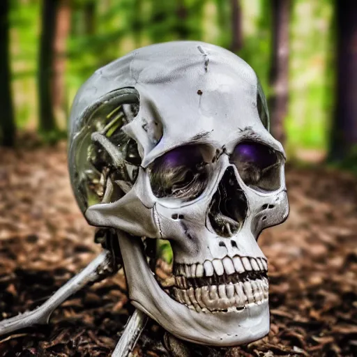 Image similar to very detailed portrait 55mm photo of a mechanical skeleton with crystal innards and optic fiber nerves, gears in his head and cybernetic enhancements in it's skull. In the forest with bokeh.