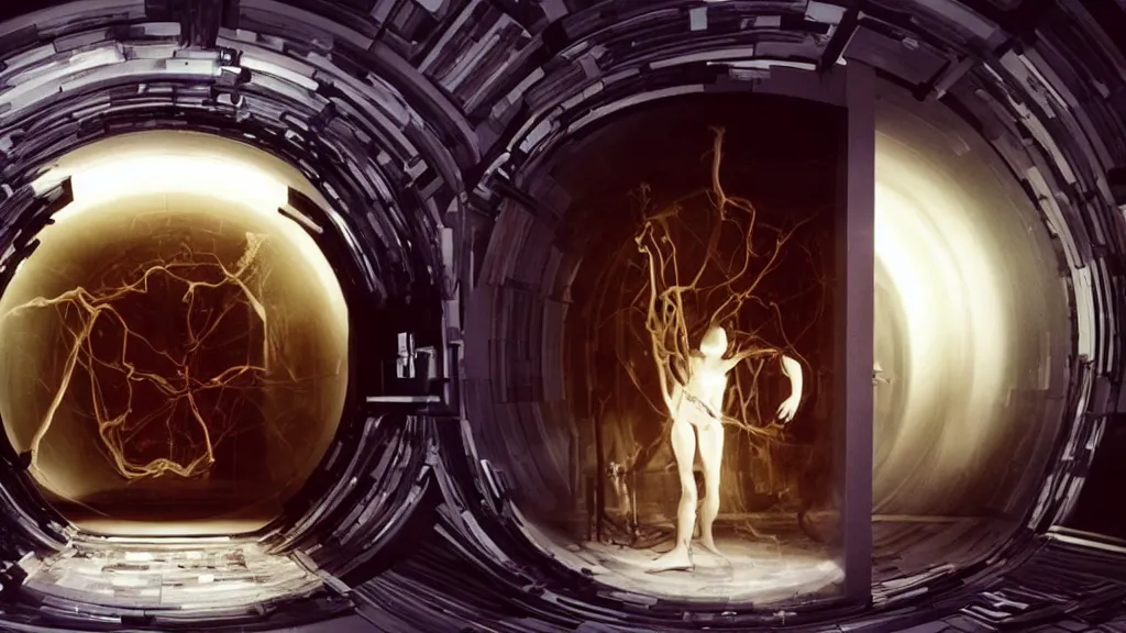 Image similar to an mri image open mri exposed uncovered machine portal in the living room, film still from the movie directed by denis villeneuve with art direction by salvador dali, wide lens