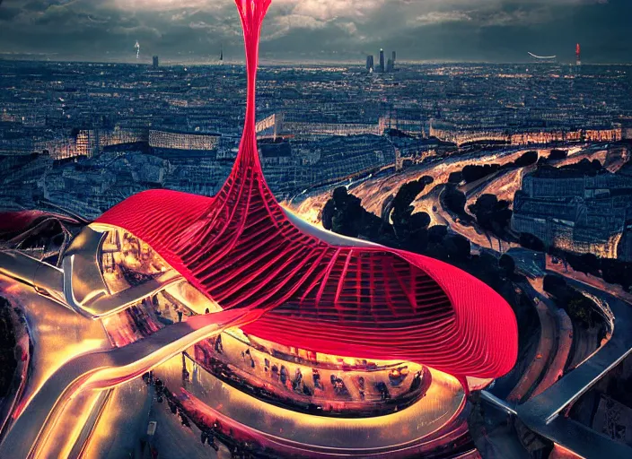 Image similar to futuristic france, scifi, machines, artificial intelligence, ribbon chapel, ultra realistic, cinematic paris, highly detailed, futuristic landscape, beautiful city, futurism, drone point of view, atmosphere, sunny day, masterpiece, red highlights, year 2 0 4 0, cinematic, art by jan urschel and neil blevins