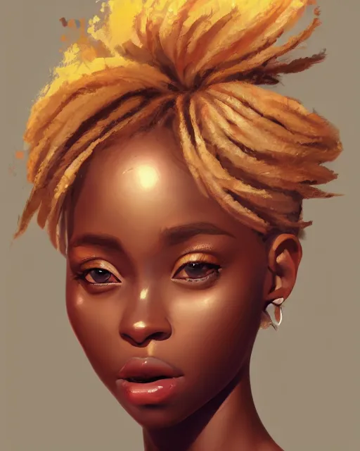 Image similar to portrait of a beautiful african girl, flowy blonde hair, cinematic lighting, highly detailed, digital painting, trending on artstation, pixiv, concept art, sharp focus, illustration, art by ross tran and wlop