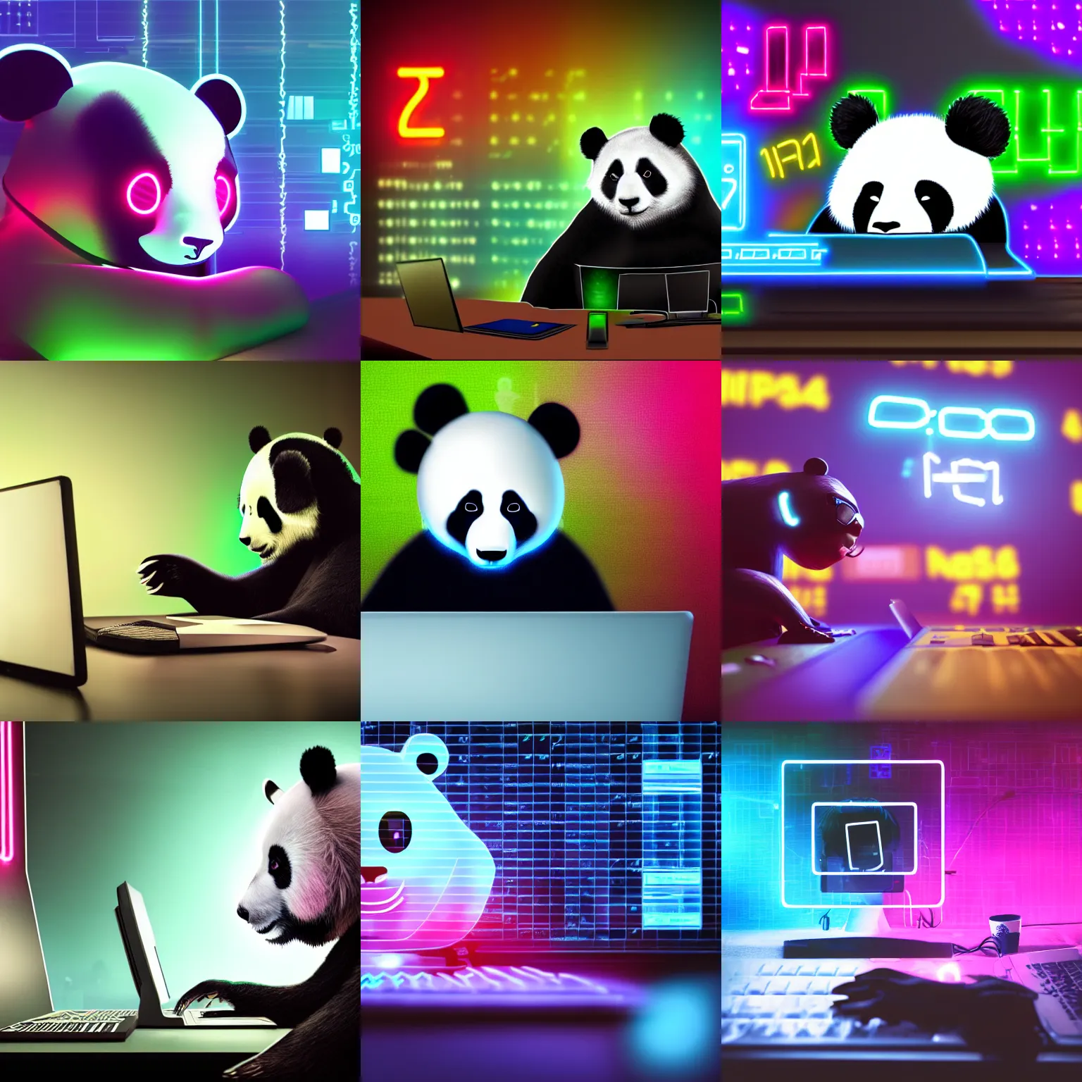 Prompt: the hacker panda is coding in front of the computer, foggy, mystery code, Cyberpunk, neon light, 4k, hd, highly detailed, 8k, rainbow, Unreal Engineer 5