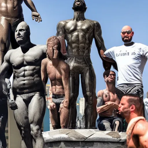 Prompt: group of human men worshipping giant statue of joe rogan in real life, 8 k, 4 k uhd, realistic, hyper realistic, super detailed, very detailed, detailed