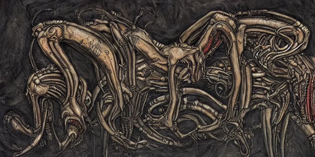 Prompt: xenomorph in the style of HR Giger, color cave painting