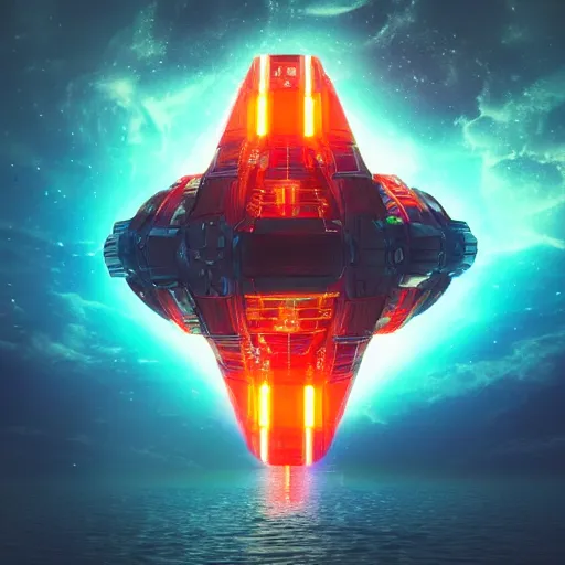 Image similar to a giant glowing spaceship in the ocean, galaxy, hyper realistic, epic lighting, cyberpunk, wide angle lens