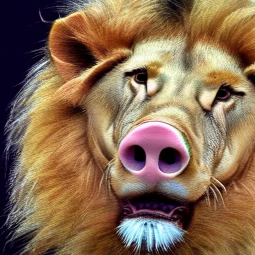 Image similar to lion in the form of a pig, photorealistic