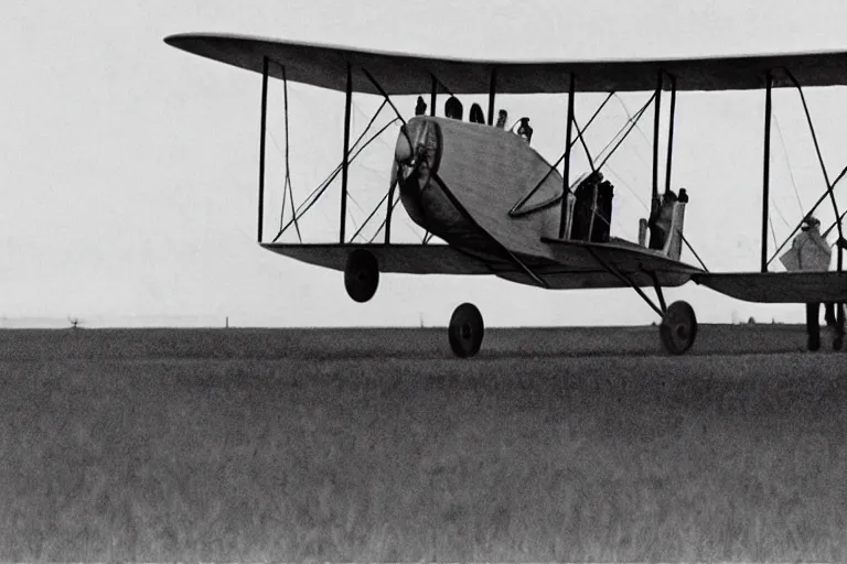 Prompt: still photo of the wright brothers taking off an airplane for the first time, black and white color photograph, highly detailed, photorealistic shot, bright studio setting, studio lighting, crisp quality and light reflections, unreal engine 5 quality render