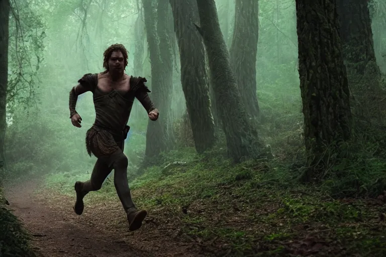 Prompt: still from a fantasy movie, a man running through the forest, muted colors, motion blue, action, 8 k, cinematic, very detailed face, hyperrealistic, movie still frame, promotional image, imax 7 0 mm footage