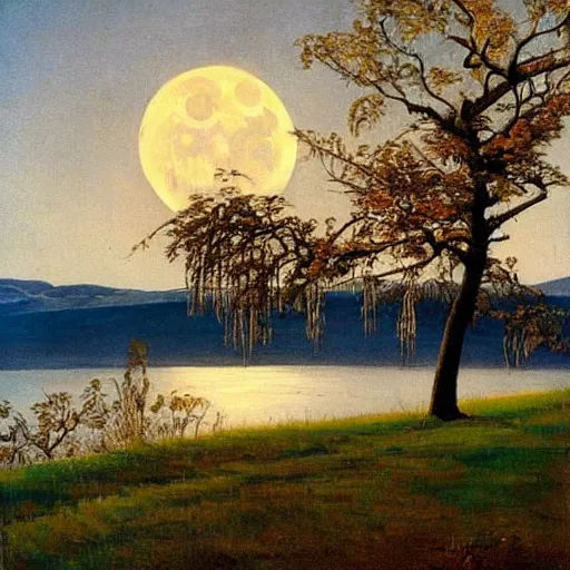 Image similar to This painting has such a feeling of peace and serenity. The tree is so still and calm, despite the wind blowing around it. The moonlight casts a soft glow over everything and the starts seem to be winking at you... by Jacek Malczewski