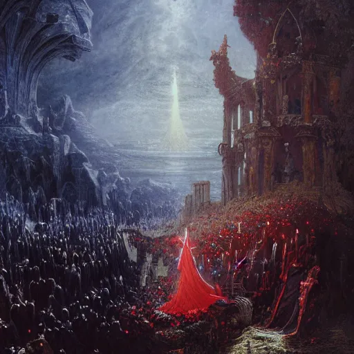 Prompt: the holy castle of Persephone along with hades, bright in fury, red and blue, with demon statues, hyperdetailed, artstation trending, world renowned artists, worth1000.com, historic artworks society, antique renewel, cgsociety, by greg rutkowski, by Gustave Dore, Deviantart