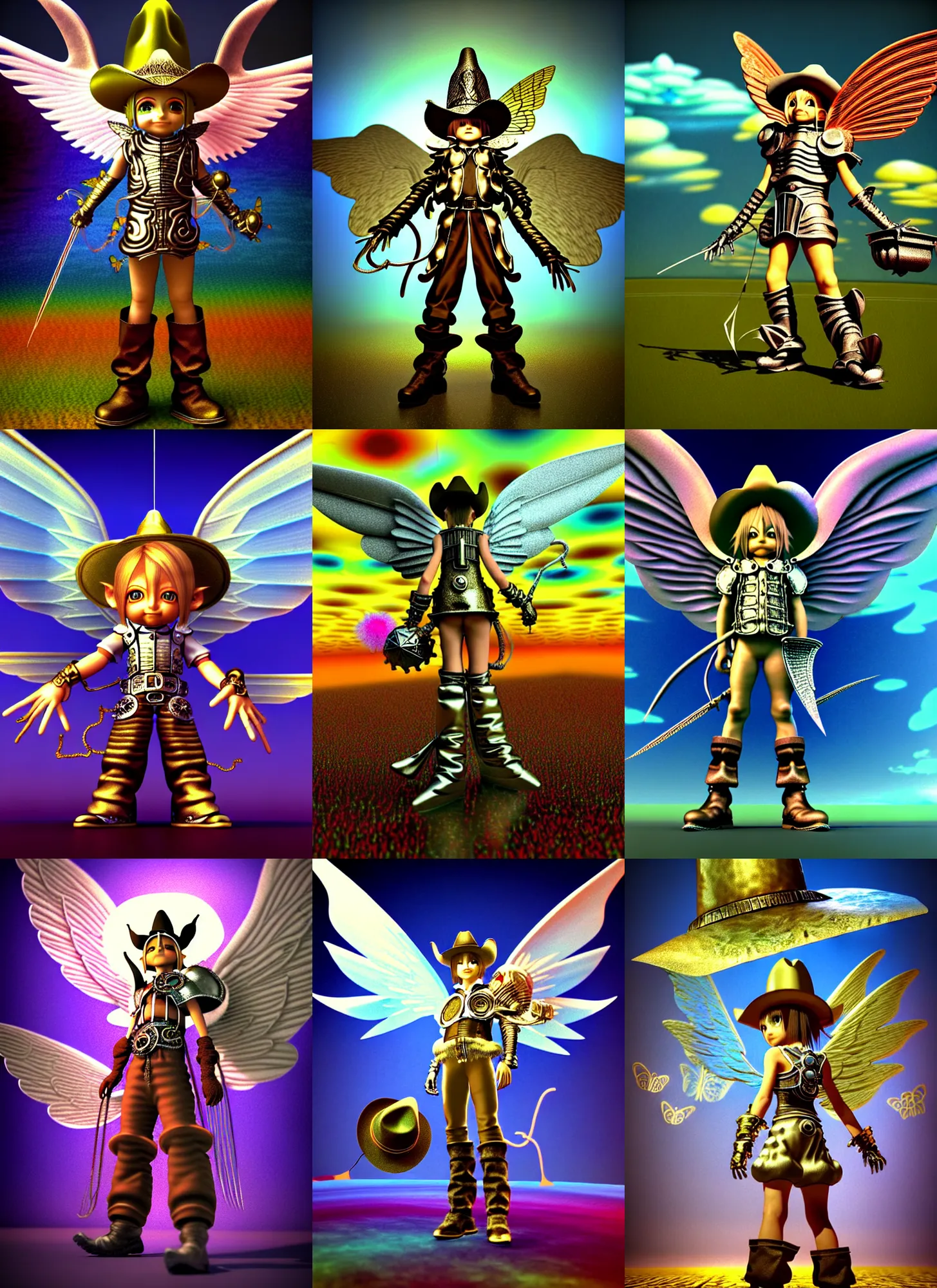 Prompt: vintage cgi 3 d render by micha klein of chibi cyborg metallic wizard final fantasy ix by ichiro tanida wearing angel wings and a big cowboy hat, standing in a big psychedelic landscape background filled with 3 d butterflies and 3 d flowers n the style of old cgi 3 d rendered bryce 3 d, wide frontal view