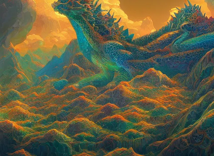 Prompt: psychedelic concept art of a dragon landscape made of thousands of dragons, cel shaded, in the style of makoto shinkai and moebius and peter mohrbacher and anton fadeev