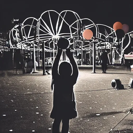 Image similar to a girl holding a balloon at a fairground. buildings with graffiti in the background. silhouette. night. photograph in the style of simon stalenhag