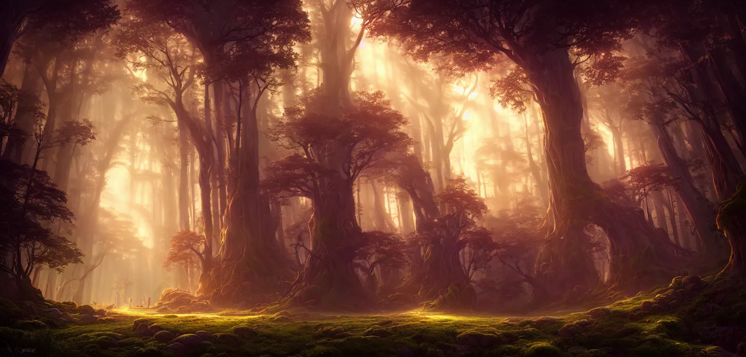 Image similar to random mystic forest huge house landscape, big glowing magic portal, central symmetrical composition, incredible, vector art, octane render, fabulous, hyper detailed, random cinematic view, no noise, global illumination, warm lighting, volumetric, godrays, vivid, beautiful, by jordan grimmer