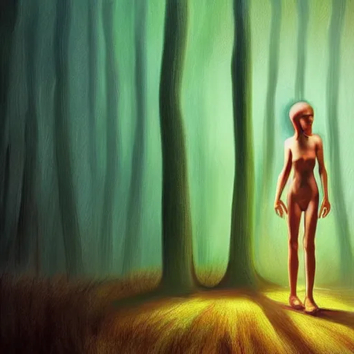 Prompt: modern Angel standing in the front of a forest . Angel is anatomical. Medical picture.Digital painting. Art station. Mood lighting. Skindness, highly detailed, concept art, intricate, sharp focus, man ray - h 1200