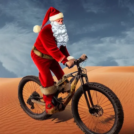 Image similar to Santa claus riding a mountain bike, madmax, desert, hills