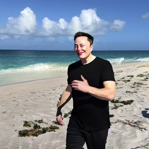 Image similar to elon musk smiling walking at the beach chilling in aruba