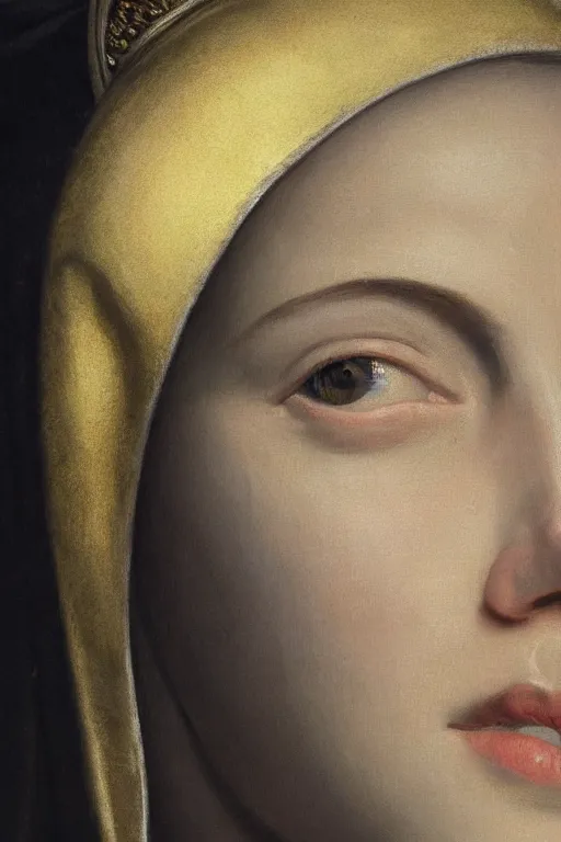 Prompt: hyperrealism close-up portrait of young beautiful nun with hyper detailed golden crown and shadow of cross on face , dark background, in style of classicism