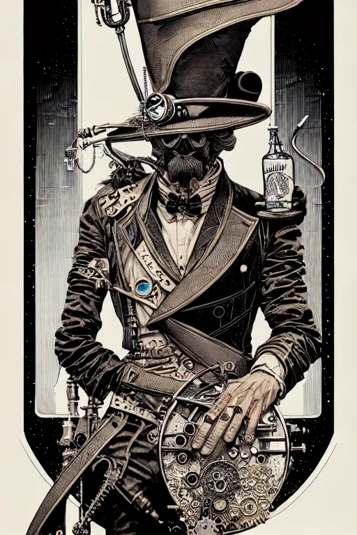 Image similar to side view of a majestic steampunk alchemist wizard holding a martini, high details, bold line art, by vincent di fate and joe fenton, inking, etching, screen print, masterpiece, trending on artstation, sharp, high contrast, hyper - detailed,, hd, 4 k, 8 k