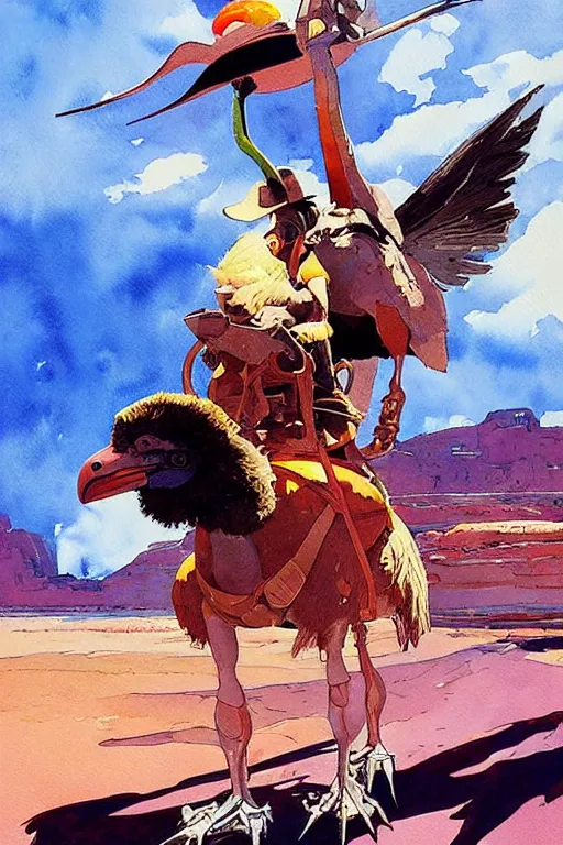 Image similar to scifi cowboy sitting on giant emu bird with backpack, science fiction, art by jean giraud, moebius, juan gimenez, greg manchess, in watercolor gouache detailed paintings, in style of syd mead, colorful comics style, artstation