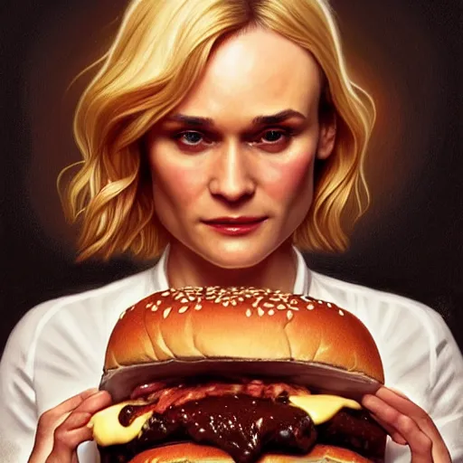 Image similar to Diane Kruger eating cheesesteaks, dripping BBQ Sauce, serving burgers, D&D, spilling ketchup, fantasy, intricate, elegant, highly detailed, digital painting, artstation, concept art, matte, sharp focus, illustration, hearthstone, art by Artgerm and Greg Rutkowski and Alphonse Mucha