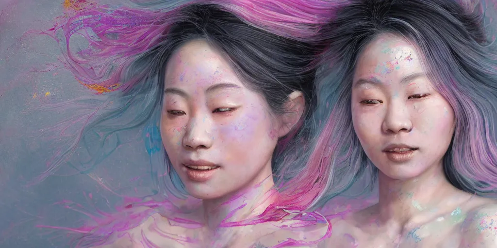 Prompt: a portrait of a very beautiful young asian goddess, seductive smile, with pink and grey hair radiating swirling paint and impasto, sleepy eyes by wlop and monia merlo and fintan magee, background is multicoloured volume displacement, hyperrealism, subsurface scattering, arnold render, 8 k, houdini, xparticles