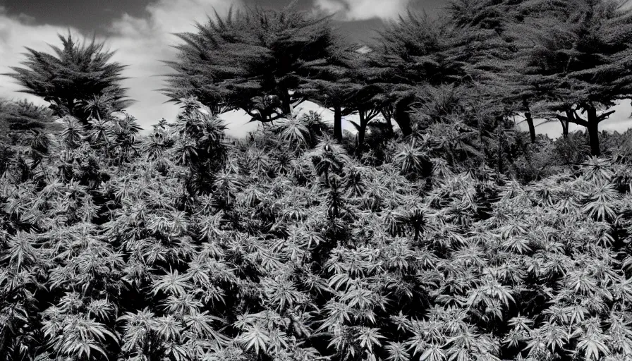 Image similar to black and white noir film. moai. cannabis plants everywhere.