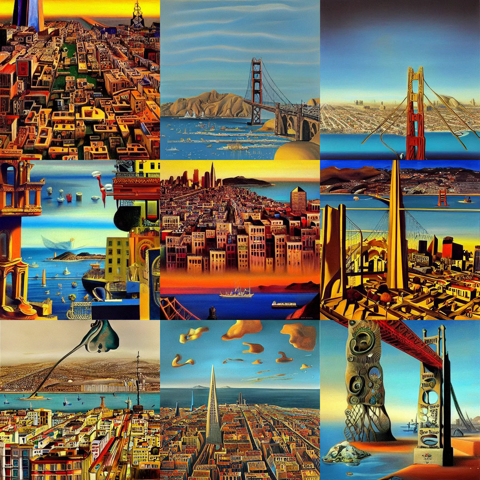 Prompt: san francisco by salvador dali, trending on artstation, favorites on deviantart, high quality art. artwork masterpieces, award winning