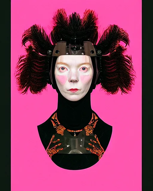 Prompt: symmetrical portrait of a woman face with pink frizzy hair, wearing a embroidered black mask by alexander mcqueen, bjork aesthetic, masterpiece, in the style of rogier van der weyden and jacopo da pontormo, cyberpunk