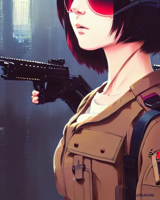 Image similar to girl wearing tactical gear, very anime, fine - face, audrey plaza, realistic shaded perfect face, fine details. anime. realistic shaded lighting poster by ilya kuvshinov katsuhiro otomo ghost - in - the - shell, magali villeneuve, artgerm, jeremy lipkin and michael garmash and rob rey