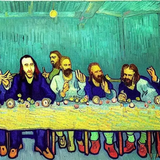 Prompt: nic cage in the last supper as painted by vincent van gogh