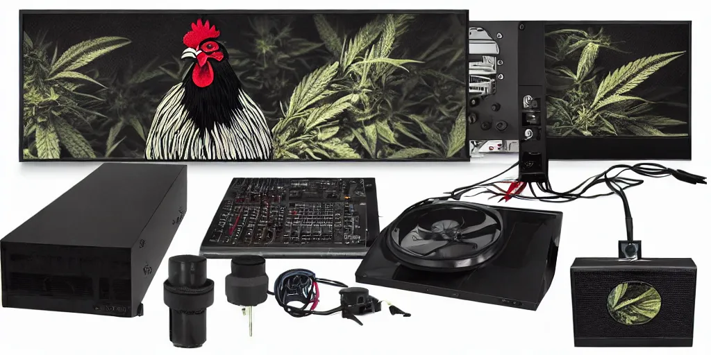 Image similar to 'black rooster'!!! smoking 'cannabis'!!!!!! in front of 'audio console'!!!! and 'pc masterrace RGB custom build'!!!!! 'multi monitors and projectors'!!!! 'in a hi-tech tv broadcasting studio with red camera rig'!!!!, artwork by James Gilleard