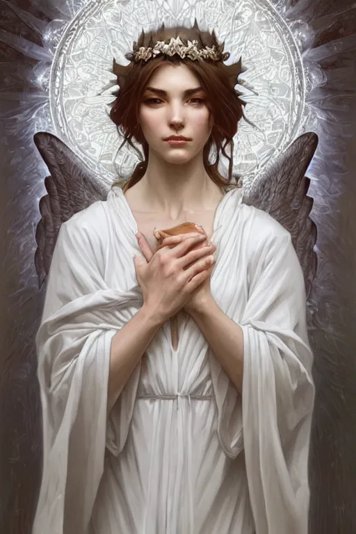 Image similar to beautiful angel in white robes, D&D, face, fantasy, intricate, elegant, highly detailed, digital painting, artstation, concept art, smooth, sharp focus, illustration, art by artgerm and greg rutkowski and alphonse mucha