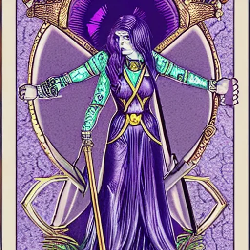 Prompt: tarot card queen of swords, highly detailed, luxury, purple hair