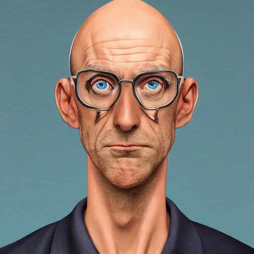 Image similar to A middle-aged Dr. Venture in real life with a hooked nose, a long gaunt face and skinny body and neck, very thin and bald, realistic, very realistic, hyperrealistic, highly detailed, very detailed, extremely detailed, detailed, digital art, oil painting, trending on artstation, headshot and bodyshot, detailed face, very detailed face, extremely detailed face, HD Quality, 8k resolution, very very detailed face, real life