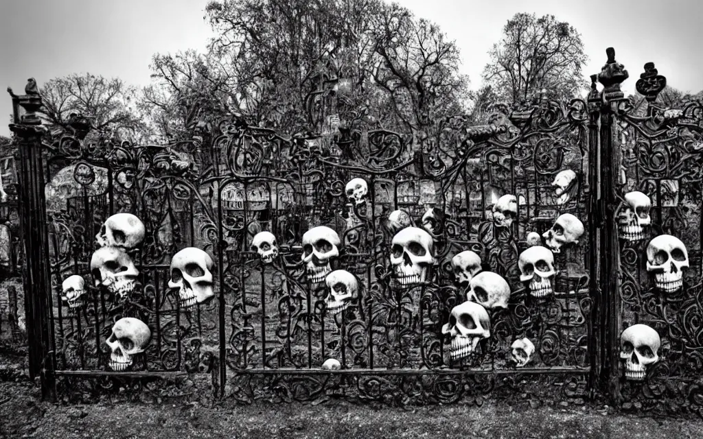 Prompt: skulls placed in a row on a wrought iron gate, in the background a dilapidated house surrounded by tombstones, fog, gloomy atmosphere tim burton style