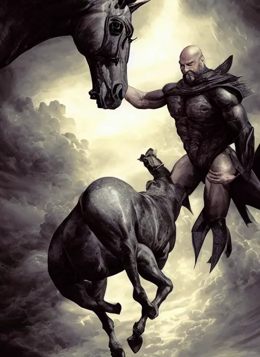 Prompt: ethan van sciver with a bald head and grey trimmed beard with a pointy nose as the first horseman of the apocalypse riding a strong big black stallion, horse is running, the rider is carrying the scales of justice, beautiful artwork by artgerm and rutkowski, breathtaking, beautifully lit, dramatic, full view